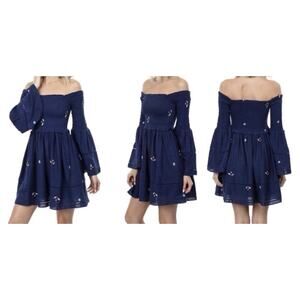 Free People Dress L Blue Counting Daisies Smocked Embroidered Boho Mini